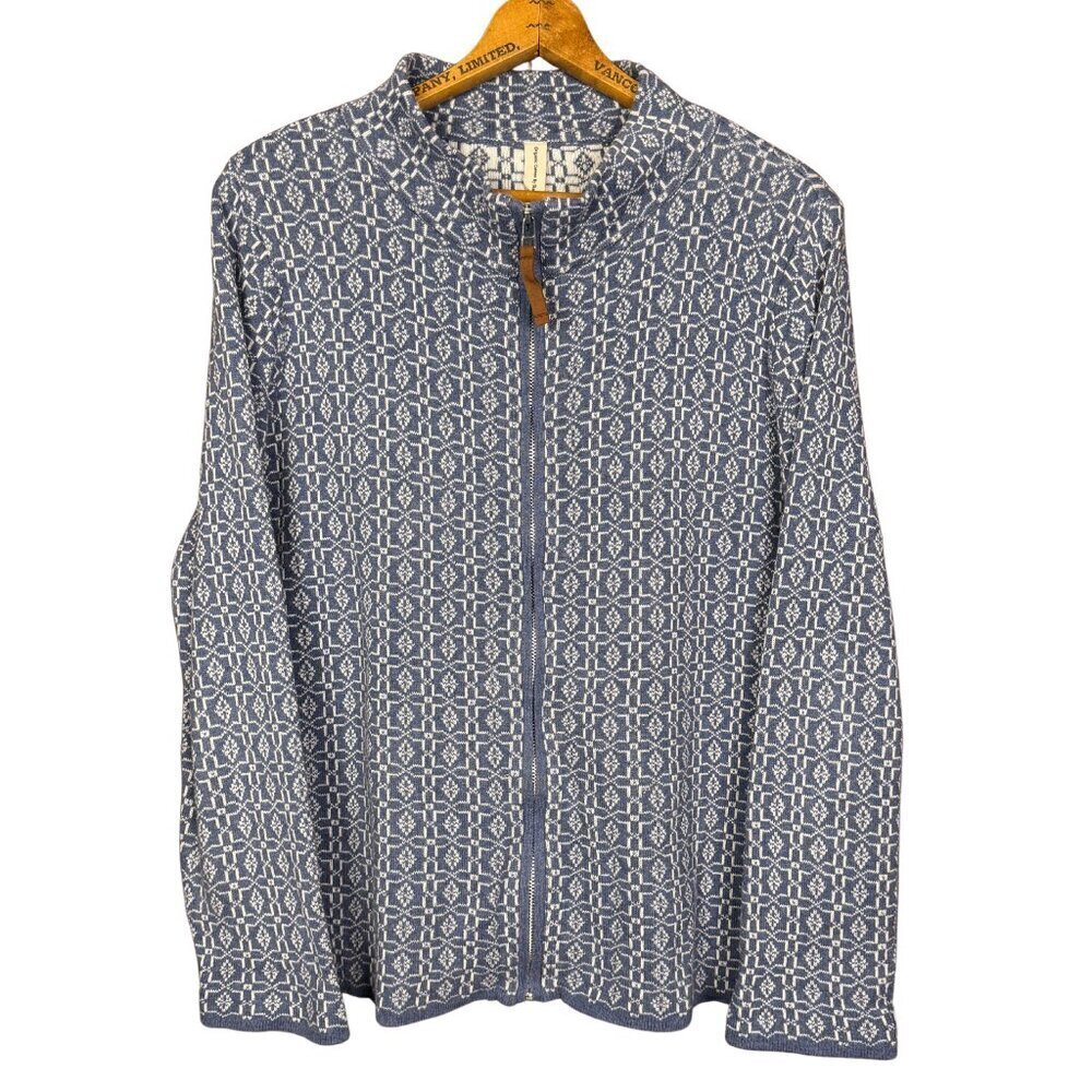 Skovhuus Organic Cotton Blue White Geometric Knit Zip Cardigan Sweater